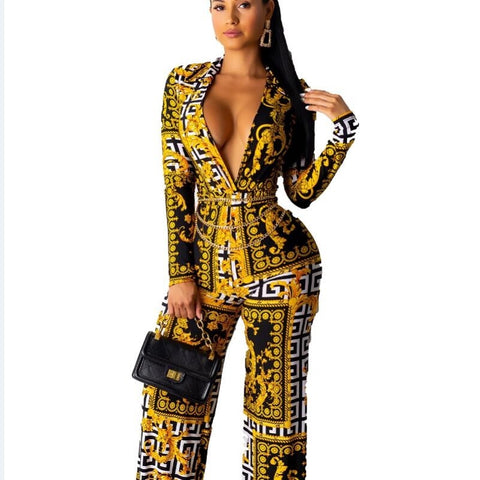 2020 popular vintage print lady jumpsuits full sleeve sexy deep v-neck rompers wide leg pants vintage fashion jumpsuits image