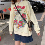 2021 New Harajuku Retro Top Strawberry Print Hoodie Women Loose Streetwear Sweatshirt American Retro Oversized Pullover