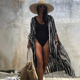 2022 Bikini Cover-ups Black Retro Striped Self Belted Plus Size WomenSummer Kimono Dress Beach Wear Swim Suit Cover Up Q1225