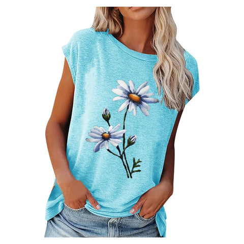 2021 Summer Tee Shirt Women Round Neck Short Sleeve Casual Flower Print Vintage Tops Pullover Female Elegant Streetwear T-shirts image