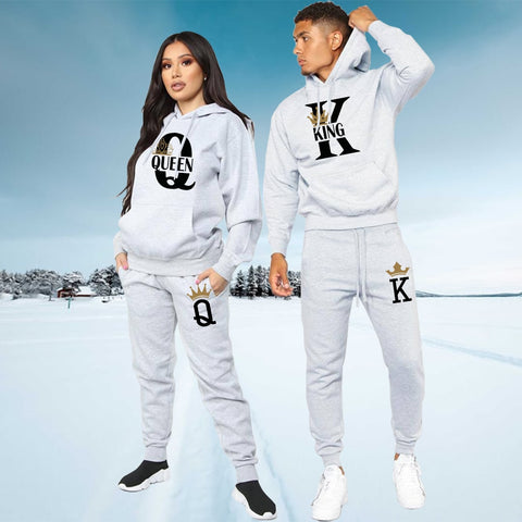 2021 Fashion Lover Couple Sportwear Set KING QUEEN Printed Hooded Clothes 2PCS Set Hoodie and Pants Plus Size Hoodies Women image